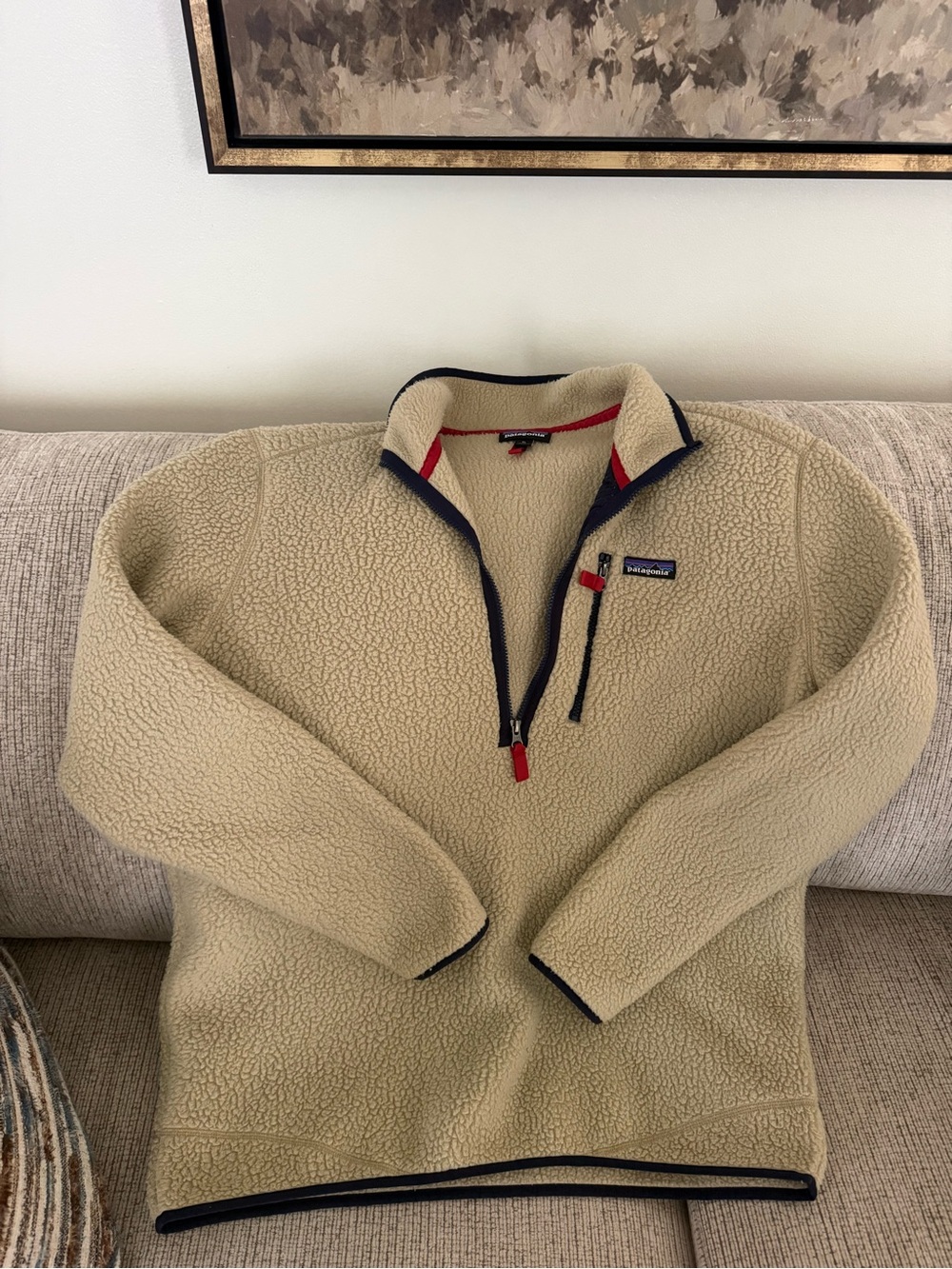 Patagonia Men’s Cream Synchilla Half-Zip Fleece with Navy & Red Trim